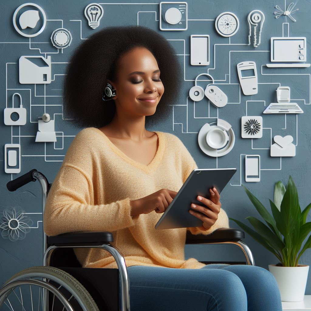 Na zdjęciu pokazano panią siedzącą na wózku inwalidzkim, która jest szczęśliwa że dzięki nowym technologiom nie czuje się odizolowana od świata zewnętrznego.
Nasza misja polega na wspieraniu takich osób jak pani na zdjęciu w ich codziennym życiu