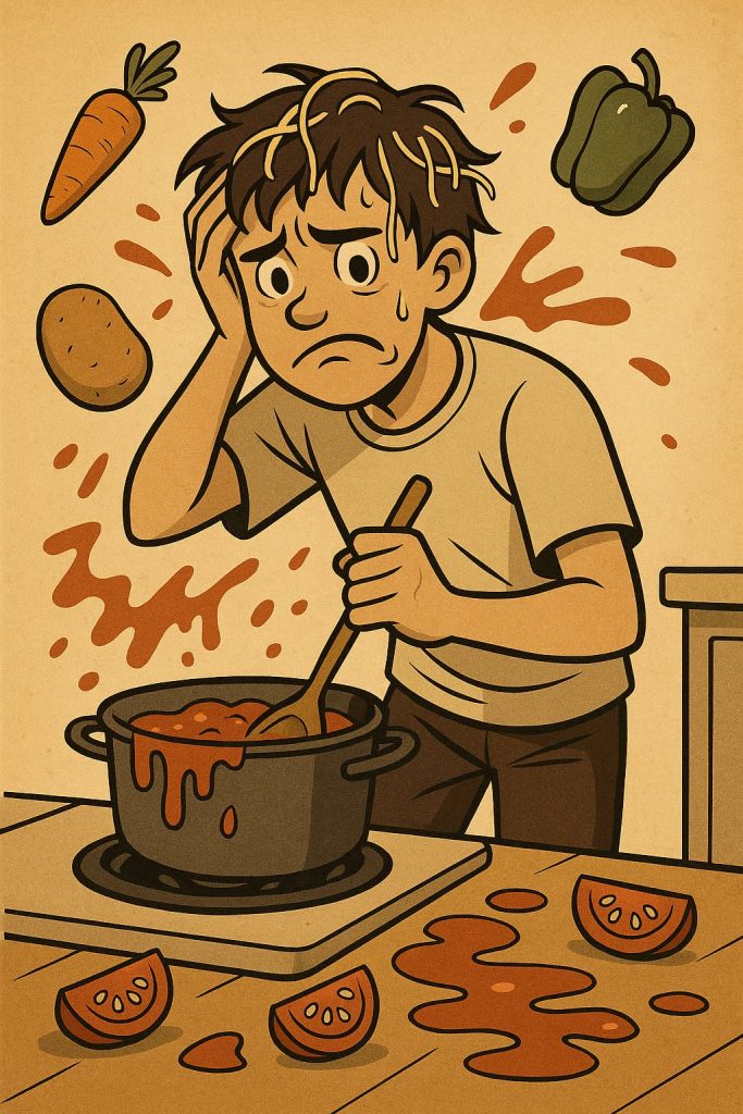 Człowiek stojący w kuchni przy garach zastanawiający się nad Jestem głodny i co dalej…