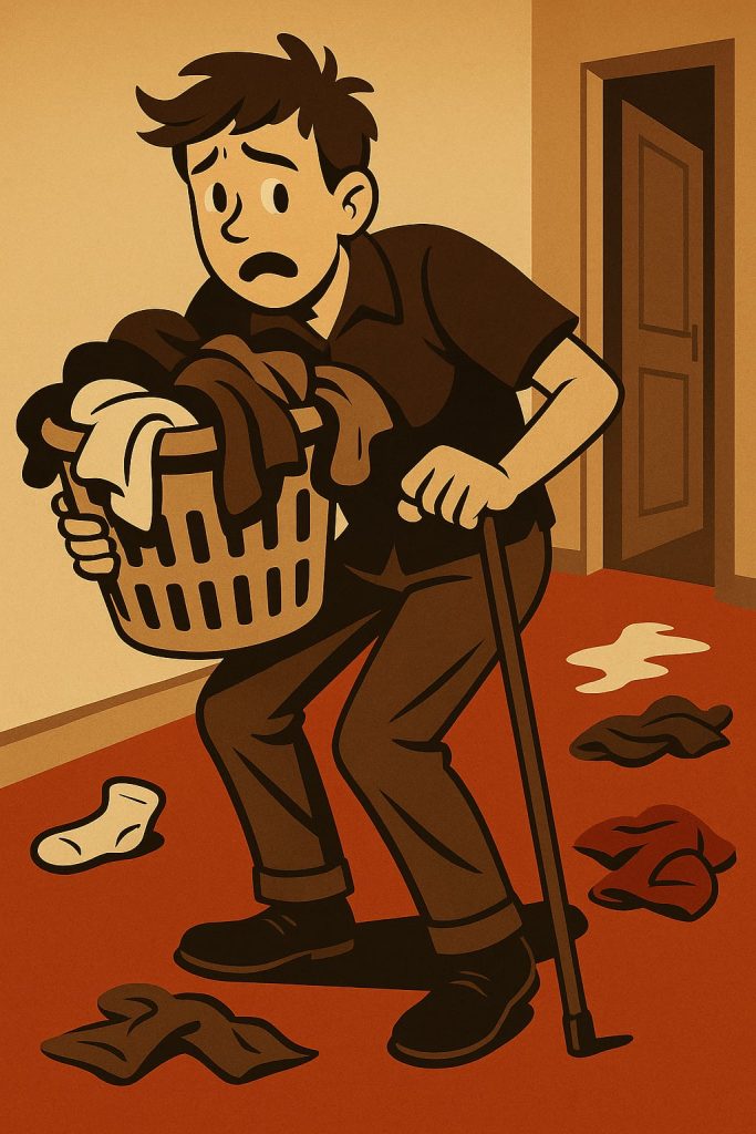 Człowiek z ograniczoną mobilnością zmagający się praniem.