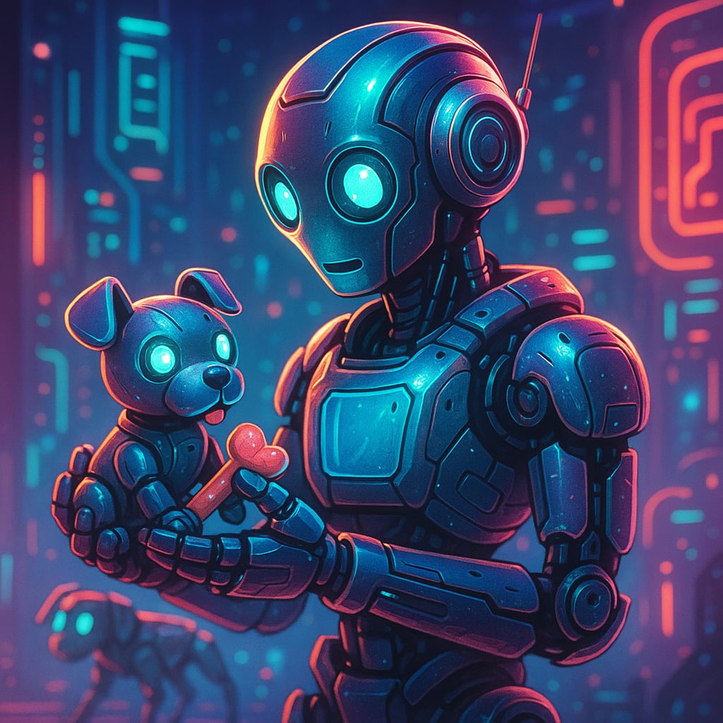 Humanoidalny robot w cyberpunkowym stylu trzymający świecącego robopieska na tle futurystycznego miasta z neonami