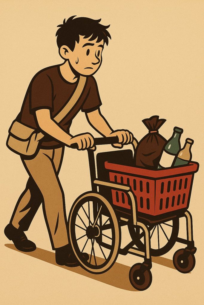 Pan spaceruje przy śmietnikowozie wioząc zakupy.