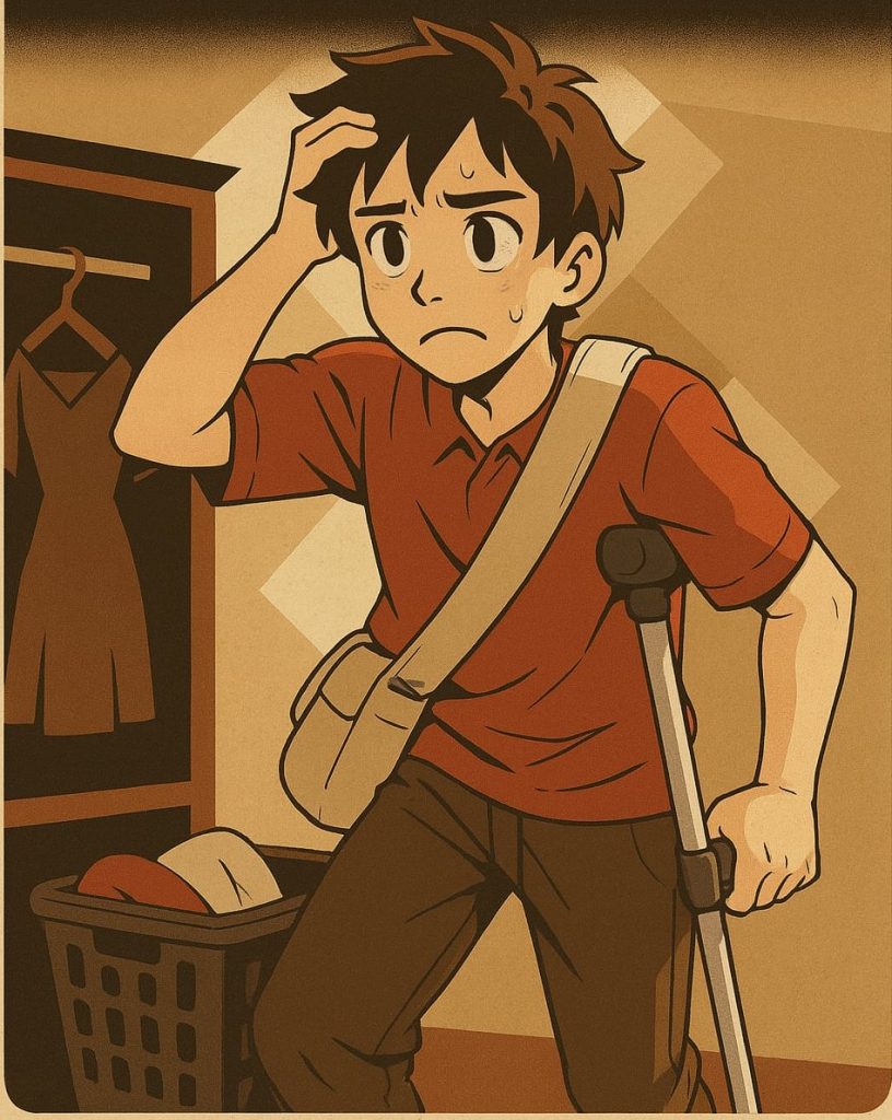 Osoba z ograniczoną mobilnością zastanawia się w panice jak się sprawnie ubrać do wyjścia na ważne spotkanie.