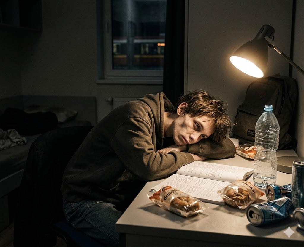 Mroczna, realistyczna fotografia przedstawia młodą osobę, studenta, siedzącego przy biurku w słabo oświetlonym pokoju akademika w nocy. Osoba ta, ubrana w ciemnobrązową bluzę z kapturem i dżinsy, jest skrajnie wyczerpana; leży głową wspartą na rękach na otwartej książce, patrząc w przestrzeń bladym, pustym wzrokiem. Blask jedynej lampki biurkowej z ciemnym kloszem ostro oświetla jej zmęczoną twarz oraz bałagan na blacie. Na pierwszym planie, w jasnym snopie światła, leżą dwie tanie drożdżówki w foliowych opakowaniach. Obok nich stoi plastikowa butelka z przezroczystą wodą (sugerująca kranówkę) oraz kilka pustych, pogniecionych puszek po napojach energetycznych. W tle, za biurkiem, widać niezasłane łóżko i plecak, a przez ciemne okno – przejeżdżający w oddali tramwaj. Cała kompozycja, tonąca w cieniach, oddaje atmosferę osamotnienia, ubóstwa i biologicznego wycieńczenia, sugerując drastyczny niedobór snu i wartościowego pożywienia.
